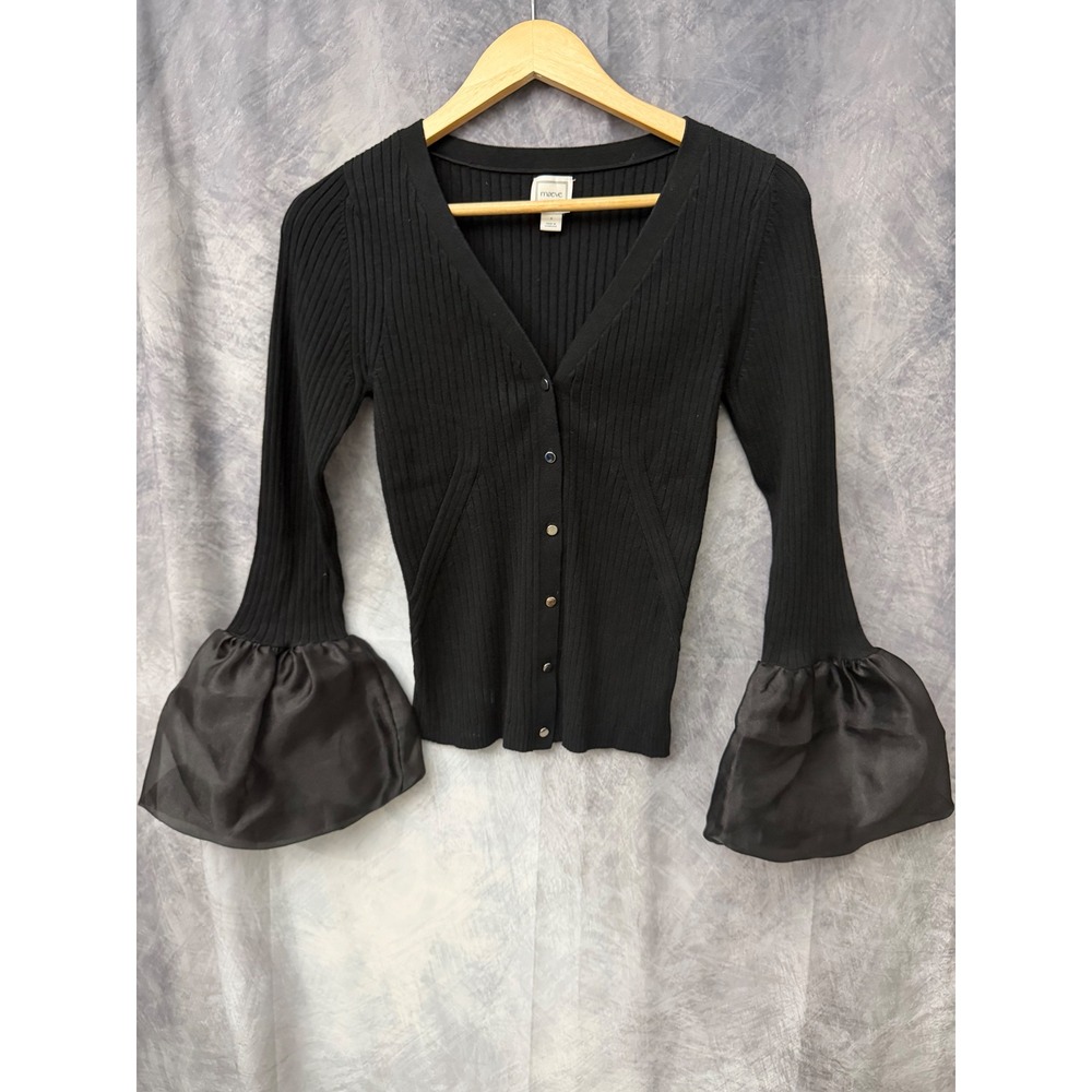 Maeve Anthropologie Ribbed Knit Cardigan Black Organza Bell Cuff Sweater Small